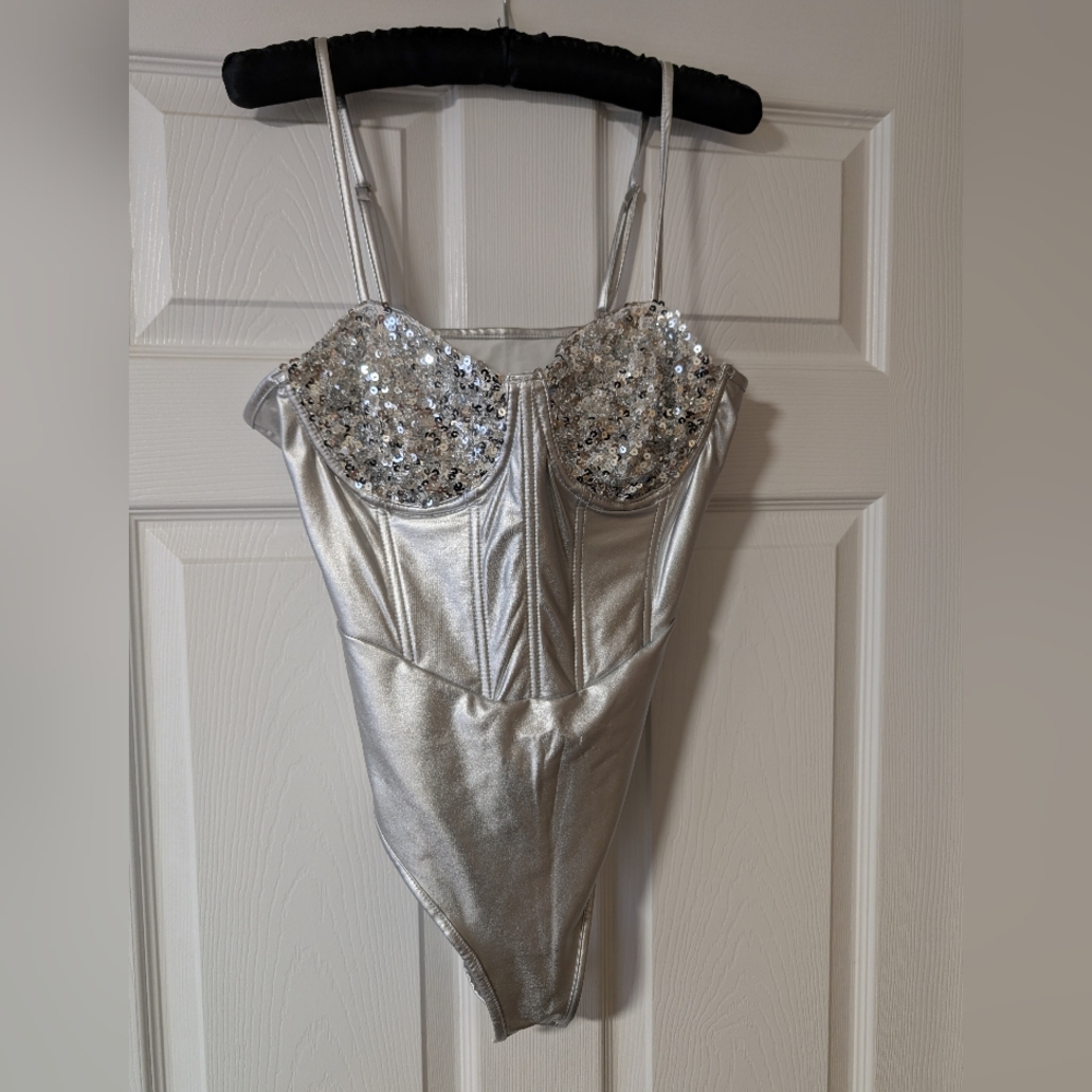 Silver Sequin Women's Bodysuit NWOT
